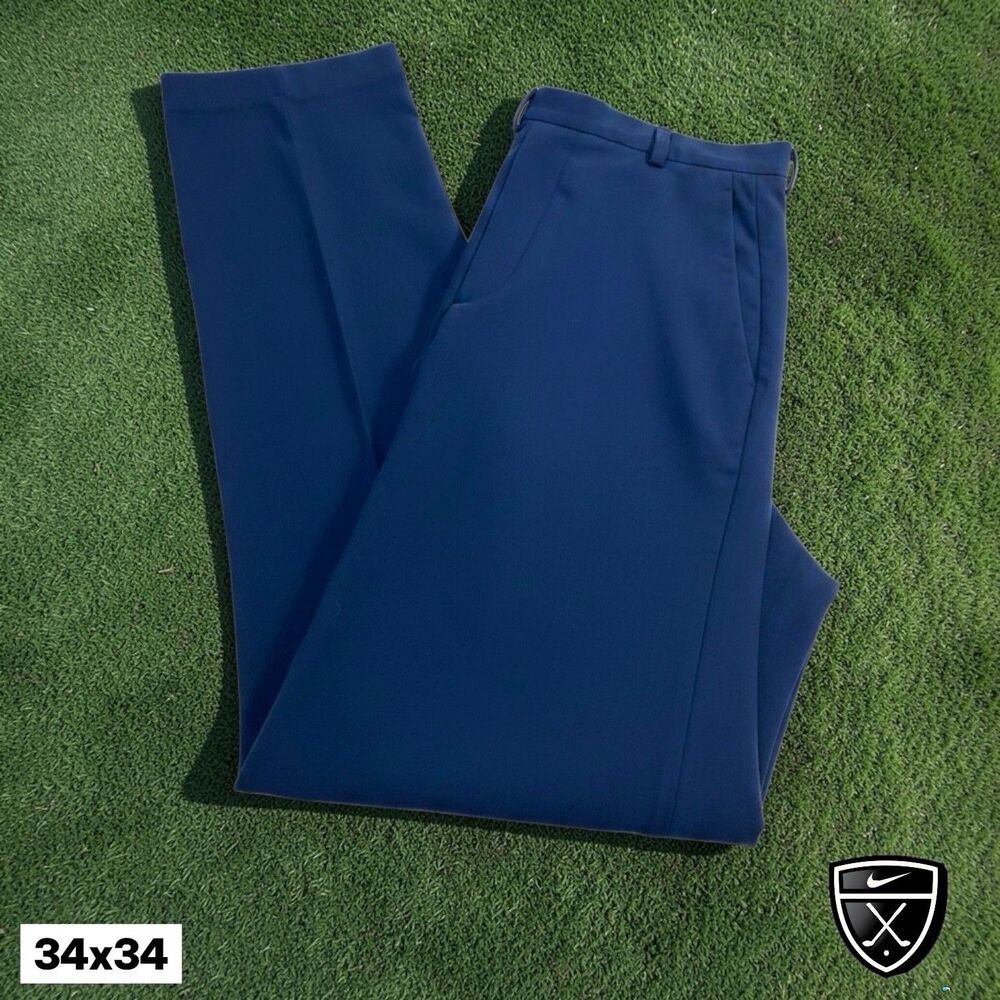Vintage Nike Golf Pants Mens 34x34 Navy Blue Cotton Pleated Slacks Classic Fit